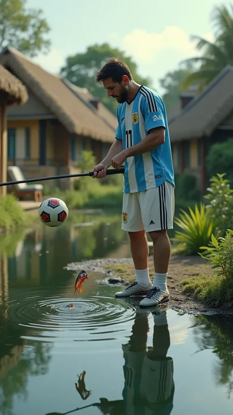 Messi catching fish with a chip shot on a village pond.