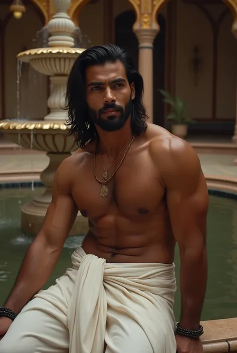 A shirtless young Indian man in long hair, bearded, white dhoti, bare chest, pointed brown nipples sittings near a fountain inside a Royal indian palace 