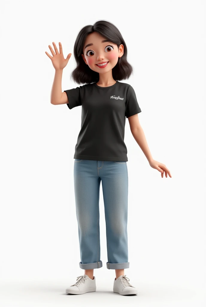 
A realistic 3D animated female character in full body, smiling and waving, wearing a black Daebak t-shirt with the small logo on the right side. She is a beautiful woman with a friendly expression, standing confidently with her arms raised in a wave. Her ...