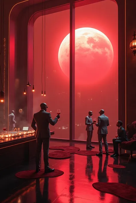  Inside a futuristic mansion there are large windows where we can see a terrifying planetary landscape of a red exoplanet. There are businessmen ,  scientists and engineers in physics ,  advanced mathematics and quantum computing .  Everyone is dressed in ...