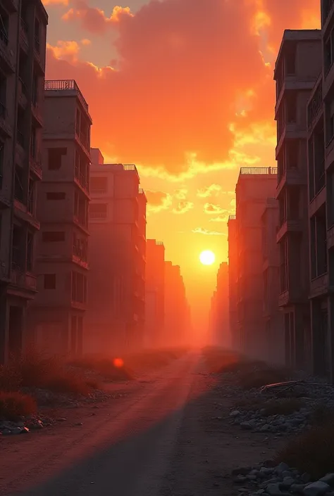 A landscape where the moving wind cut through the dusty air as the sun set over the horizon at sunset, painting the sky in shades of red and orange inside a city full of abandoned buildings with broken glass.