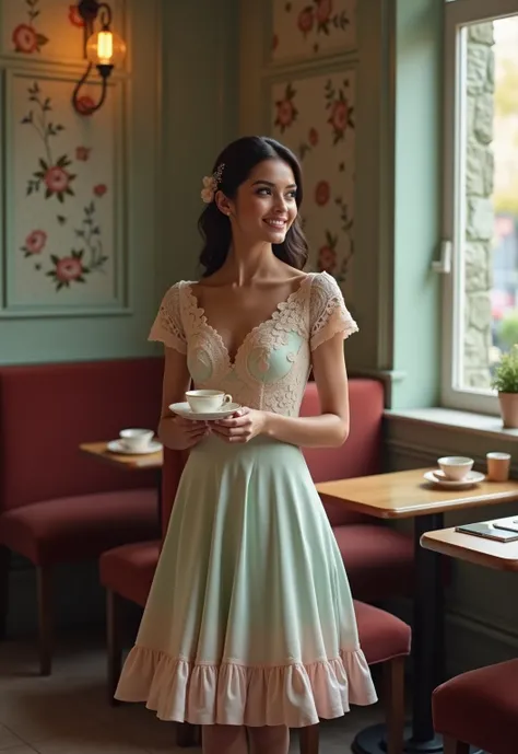 A photorealistic stunning female Black top model, aged 18-35, embodying timeless elegance in a charming vintage café. She wears a beautifully tailored tea-length dress with soft pastel hues, adorned with delicate lace details that enhance her femininity. T...