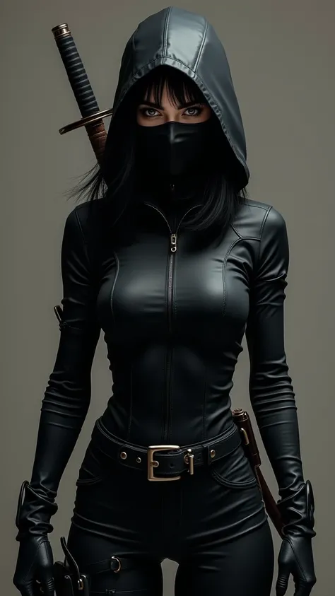 Make an image of a beautiful woman with hip-length black hair wearing a tight black vigilante costume with a black hood and a black mask that covers her mouth and nose, On her back she has 2 katanas ,  in addition to having a belt where she keeps her gadge...