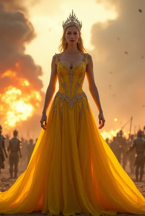 Sexy queen dress up in yellow at war with explosions behind 