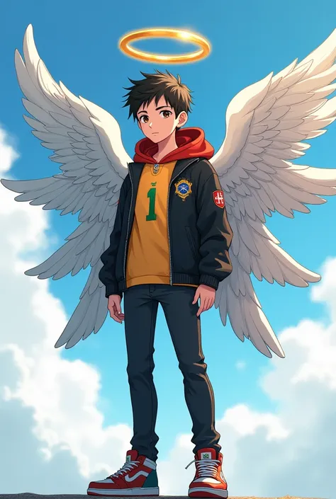 An adolescent anime character, a boy wearing a Brazilian jersey and a black jacket on the outside and red on the inside, with a red hoodie with sleeves up to the elbow and with the sleeves folded showing the inside of the jacket, wearing black jeans with f...