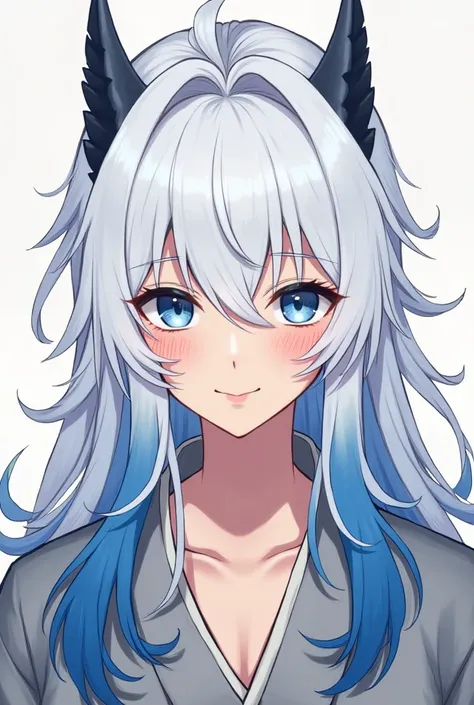 a man with kind blue eyes (left eye black)and a gentle smile. white long hair with blue ends, gradient. The bangs open the forehead, in different directions like a wolfcut. gray kimono, slightly revealing collarbones. strands of hair down to the chest, hai...