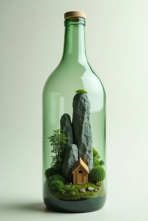   In the picture there should be a large glass bottle behind it on a neutral background.inside the bottle there should be tall rocks ,  green sparse vegetation at the base of the rocks small forest house 