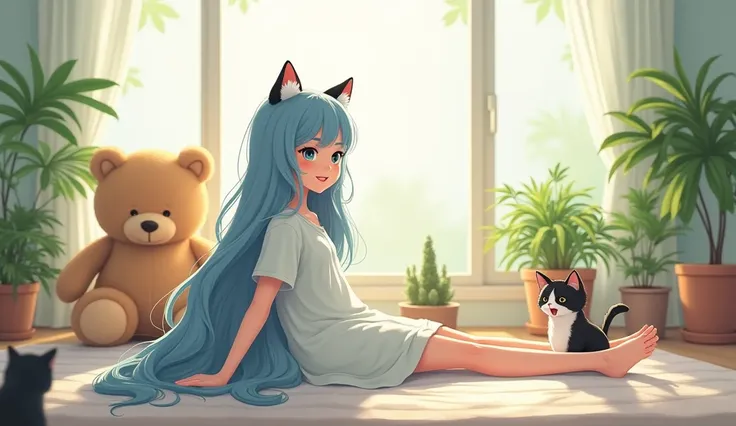 Digital illustration featuring a serene indoor setting. The layout is composed of a mature woman with long, blue light hair and fair skin, stretching in a relaxed manner. She has fluffy cat ears. She is wearing a light, flowing dress. Beside her is a small...