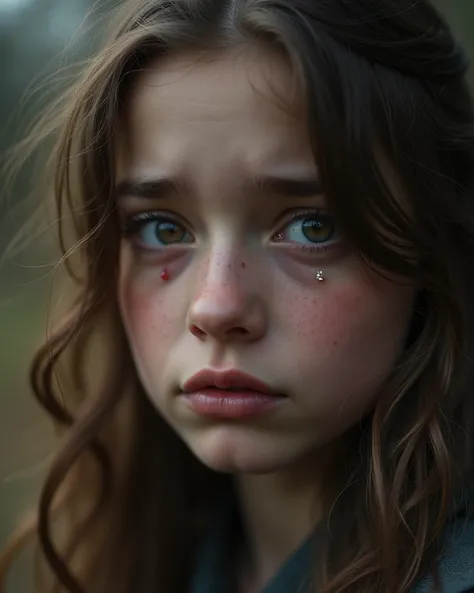 4k Photography.  High quality.  masterpiece,  best quality. The sad young woman isolated with tears in her eyes (( masterpiece)),   extremely detailed ,  best quality,  High resolution little bear.  blurry background .