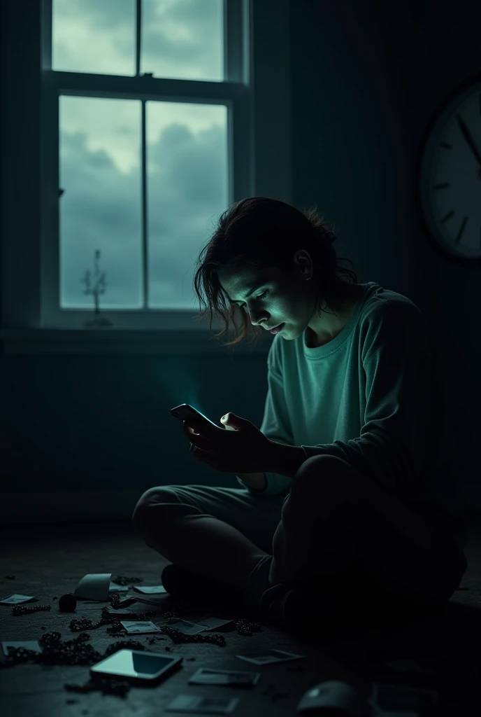  " A person sitting alone in a dark room,  surrounded by shadows and silhouettes that represent past memories ,  anguish and trauma .  The person's face is partially illuminated by a soft light emanating from a cell phone screen ,  symbolizing the search f...