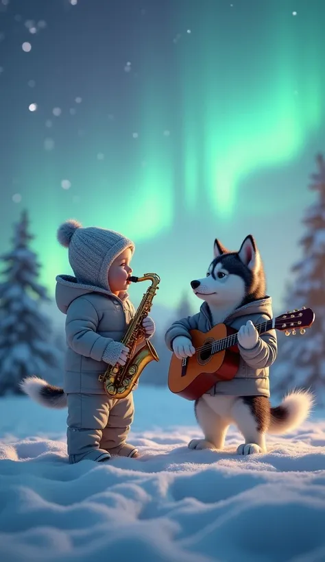 Voici le prompt corrigé :

Prompt : Bébé debout et Husky avec guitare et saxophone, au milieu des aurores boréales

“A hyper-realistic scene of a baby standing and playing a saxophone, with the baby blowing into the instrument. The baby is highly detailed,...