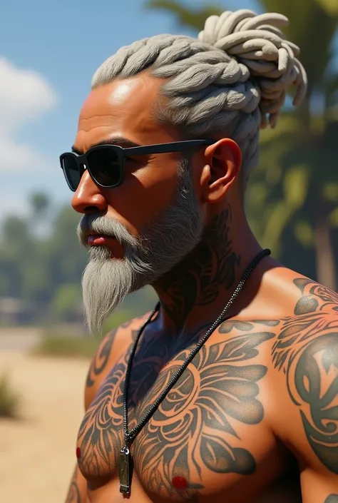 Create a character from the GTAV ,  farm with the following characteristics: 
- Male character with traits of the YAKUZA Mafia
- With tattoos
- Character color light brown
- Goatee beard only white mustache and chin
- White color rastafari dread haircut
- ...