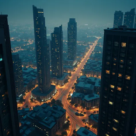 the atmosphere of a modern city at night with the city's skyscrapers from a bird's-eye view