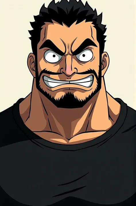   OnePiece Just a one piece character with thick eyebrows, super thick lips short curly hair, wide nose beard and mustache short ,  Moreno black half length shirt,  