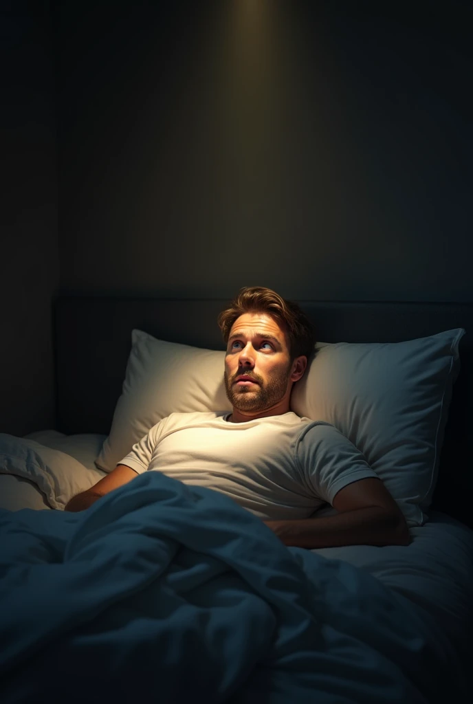 Create a realistic image of a clothed male person waking up from his bed and seeing a bright light illuminate his dark room