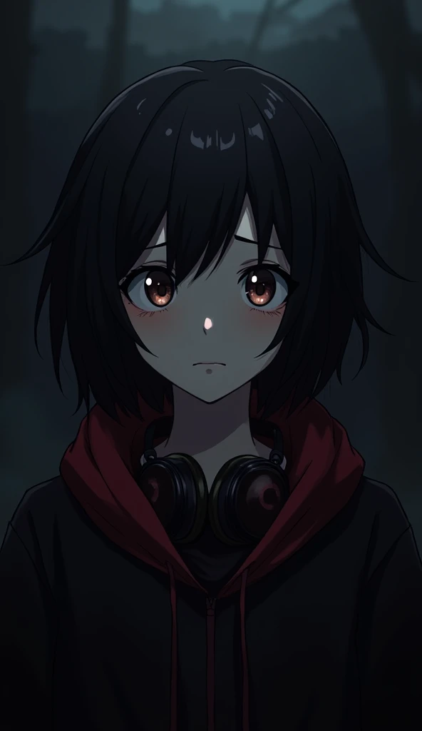 (anime) girl, medium brown eyes, black hair, short hair, tired face, black and red clothes, headphones, dark, bdsm, looking to the side