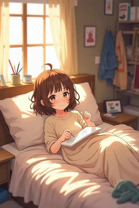 anime girl laying in bed drawing messy room aesthetic cute brown messy hair brown eyes oversized clothes 