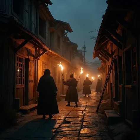 Night, Old town, street, the wooden warehouse is guarded by vigilantes, torch lighting , Rus, 10th century ,  cinematic shot 