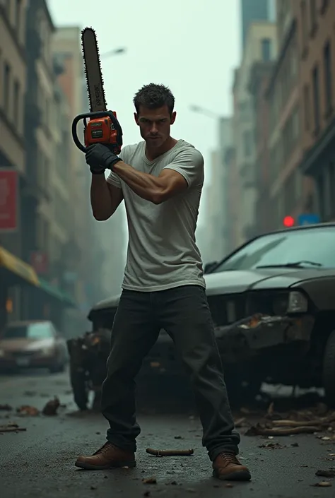 skinny man in a white t-shirt, holding a chainsaw in the city. next to him is a crashed car..