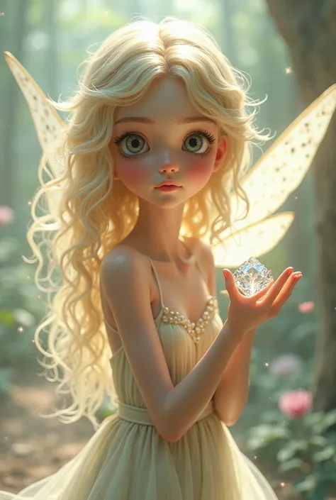 Make a cute blonde coquette style fairy holding a diamond 
