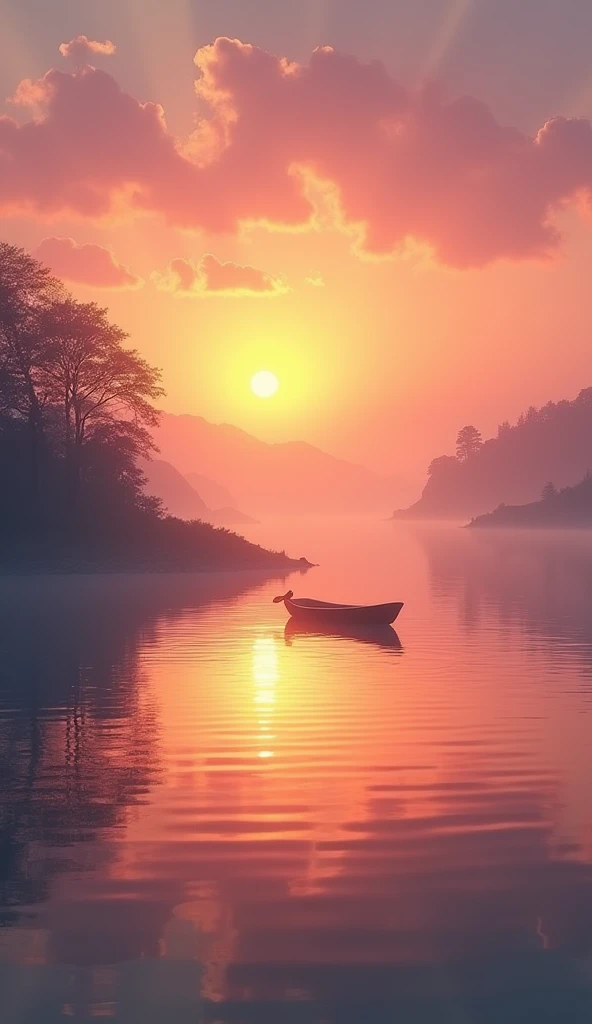 "A serene landscape of a lake reflecting the colors of the sunrise, with a small boat floating calmly, representing peace and renewal."