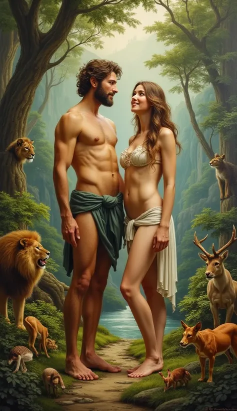 Adam and Eve in a paradisiacal landscape ,  with several animals 