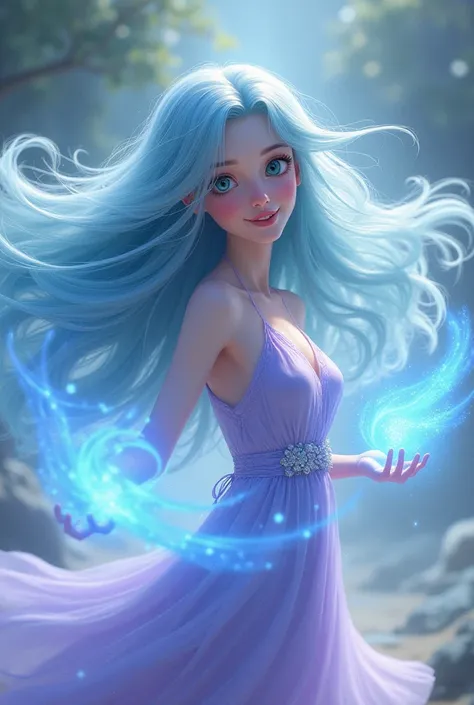 An animated woman with long very long shiny light blue hair that flies in the wind with green eyes and a pastel purple dress that does black and blue magic with that's hand