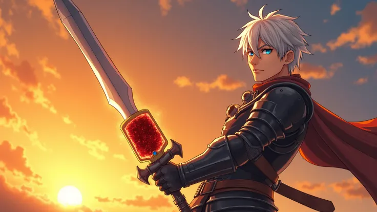 create an anime-style picture from the description - A young man with short white hair and bright blue eyes.  his face expresses determination and focus ,  with a slight scar on the right cheek .  He is dressed in dark armor with metal elements ,  emphasiz...