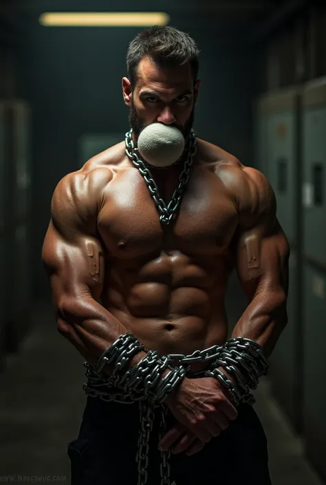 A hot buff man in his underwear tied up with chains and gagged with socks.