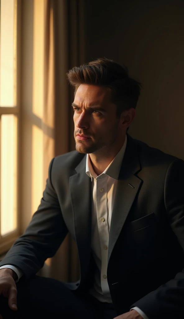 "A man in his early 30s, wearing a suit, staring out a window with a conflicted expression. Soft light streaming in through the window, creating an emotional, pensive atmosphere."ok
