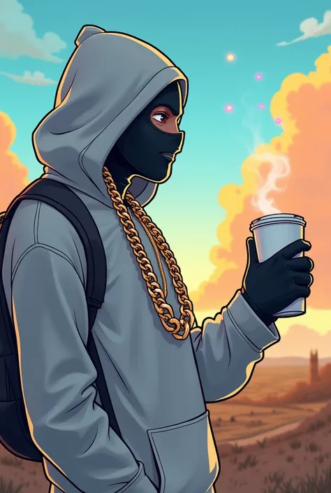 An animated album cover featuring a white-skinned character wearing a mask wearing chains holding a white cup in the cartoon Trapstar style looking at a landscape and making a sign of a gang setting off smoke 