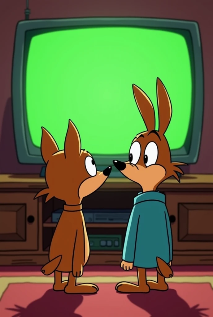 Create Mordecai and Rigby from the cartoon just a show looking at the television in its classic living room setting, However, the photo must be facing the television and with its back to Mordecai and Rigby, and a green background on the television screen