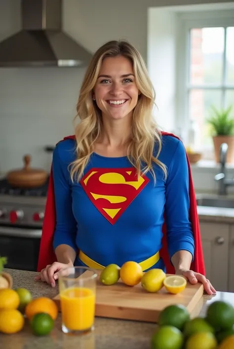 The image shows a young woman in a kitchen. She is wearing a blue superhero costume with a red cape and a yellow Superman logo on her chest. She has blonde hair and is smiling at the camera. On the counter in front of her, there is a wooden cutting board w...