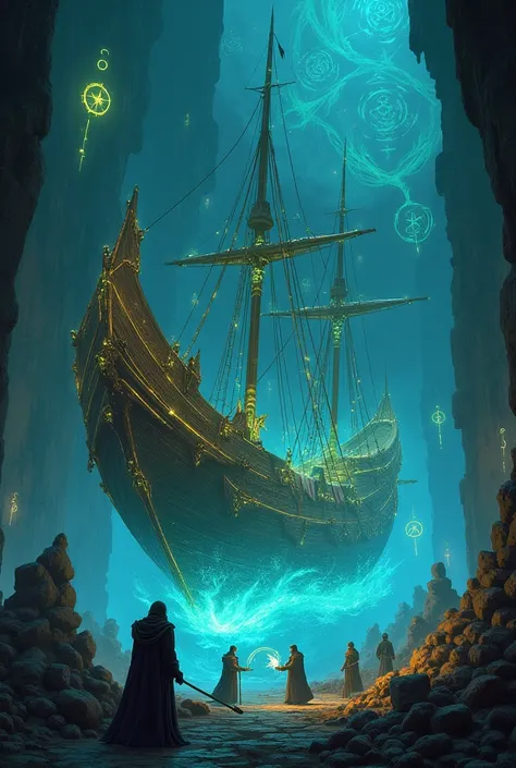 A glowing shipyard , In which magic-looking old ships are made,  surrounded by glowing symbols and shipyard workers.