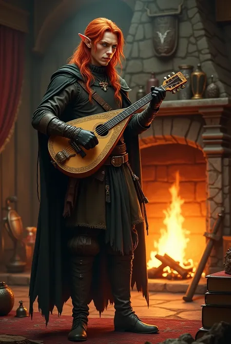 Create a red-haired male elf playing a loude in front of a fire, Does he wear rogue equipment. In a medieval realistic style