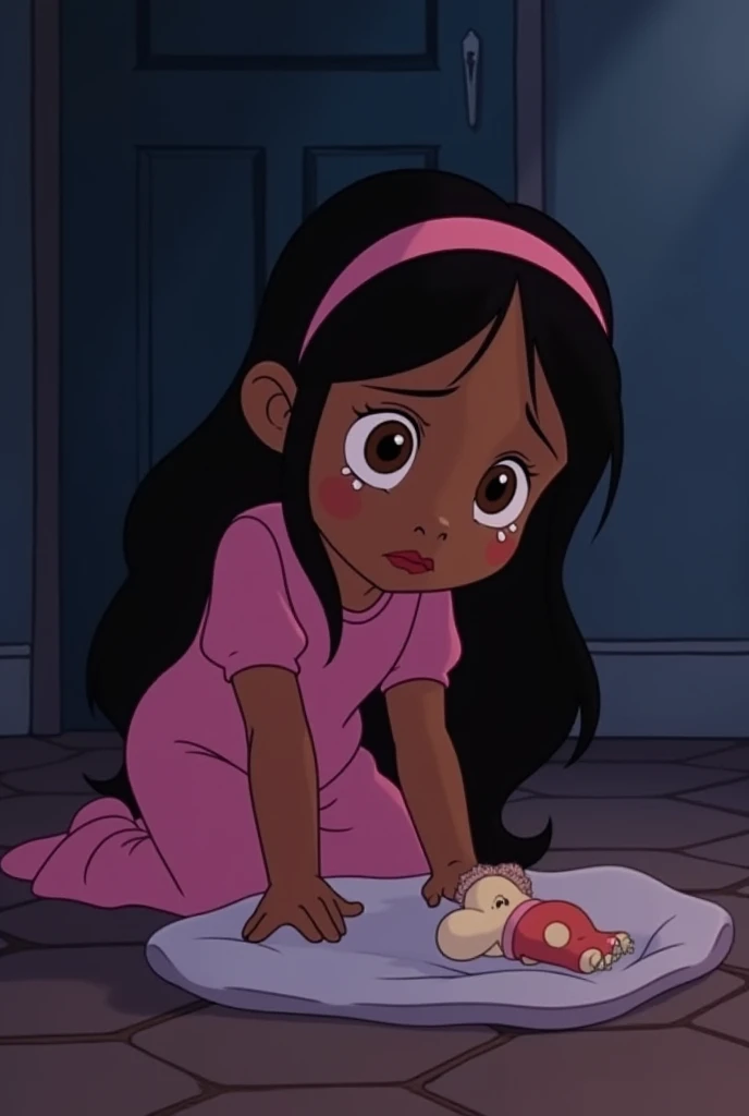 Discovering Snowy is Gone:
"A Disney Pixar-style scene of Laila sitting on the floor near an empty dog bed. Her expressive brown eyes are filled with tears as she looks at the bed with Snowy’s toy lying abandoned. Her pink dress is slightly wrinkled, and h...