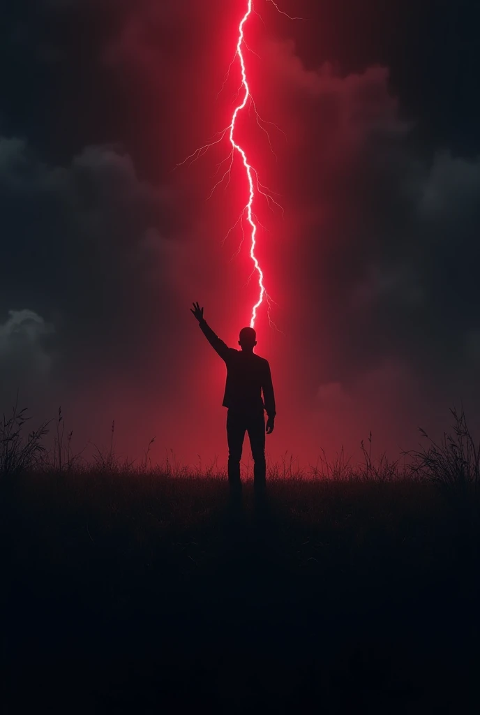 Grassy plane in the dark night with a red lightning in the center.a sihlouette of a person with its arm and hand in the air snapping its fingers