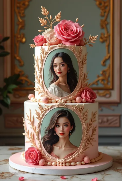 Design of double story cake with picture of someone on it