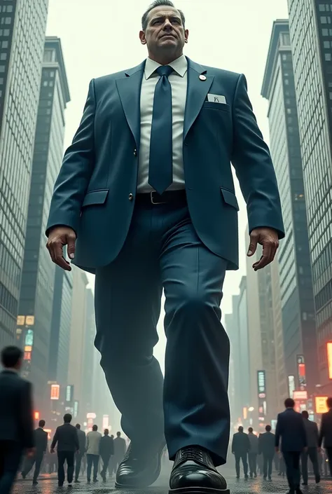 Giant doctor in navy suit and groom shoes and crushes people in the city with his shoes