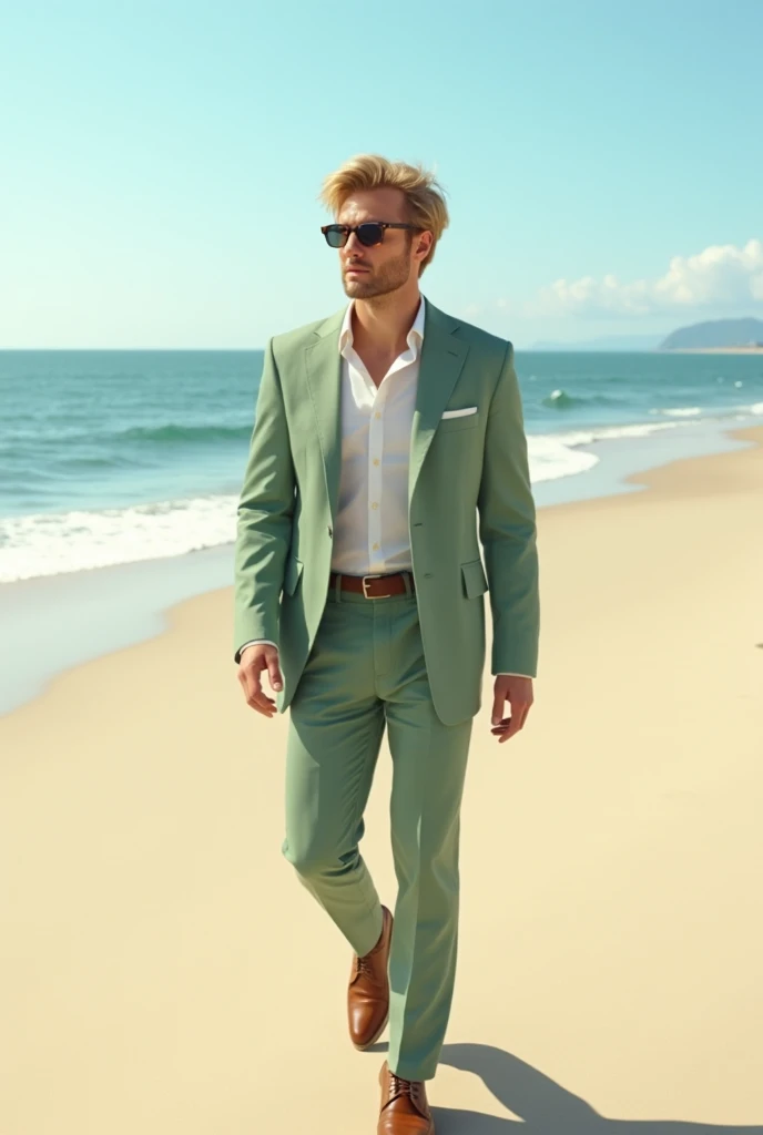 A 24-year-old man with medium-length blond hair, wearing vayfarrer glasses, a light green linen suit, walks along a sandy beach near the ocean.