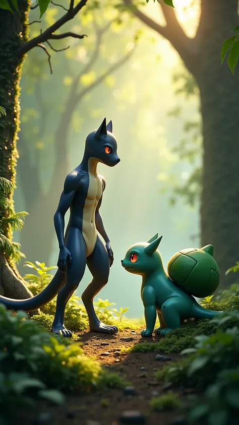 Generate a photorealistic 9:16 image of a mewtwo and a bulbasaur in a forest