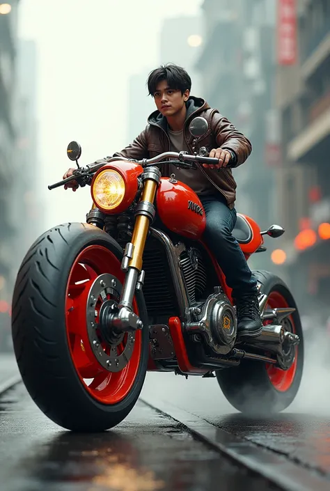 A young Indonesian man hsia 19 years old hair a bit long riding a motorcycle otobots trans former big wheel big red metallic and silver..