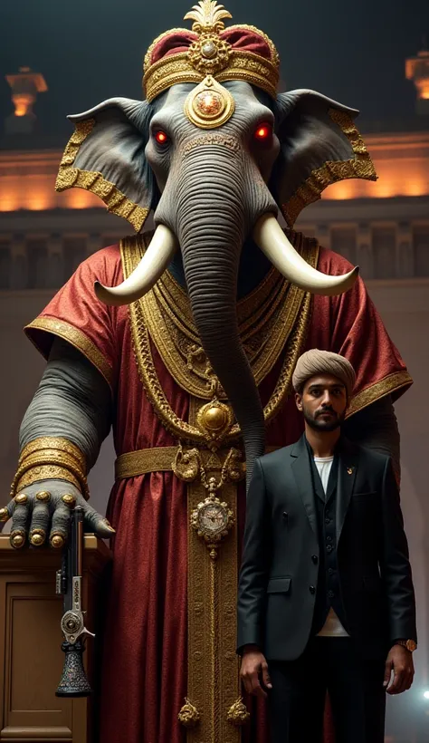 "A towering and heavily built elephant with glowing red eyes, standing in a regal pose with one hand resting on a pillar at the Gateway of India at night. The elephant wears a gold-embroidered sherwani, a thick gold chain with a diamond pendant, and a Jaeg...