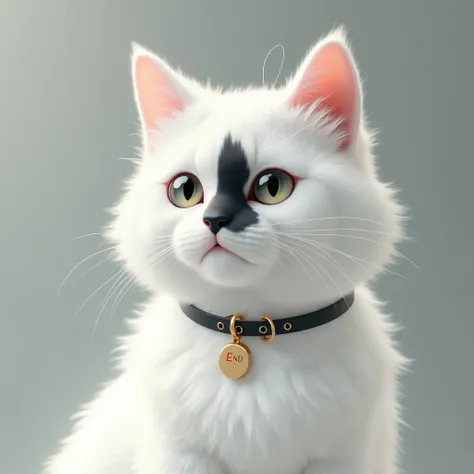 White cat. The face has a black stripe. Collar pendant with the word END.
