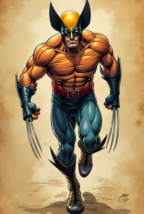 wolverine with no mask and topless walking to front upper body bent forward in vintage marvel comics colored sketch style on vintage paper. The picture is drawn in Joe Madureira comic style