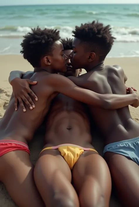 3 dark skinned boys with reasonably long hair,kissing and touching each other, laying at the beach,arms up, muscular and in his underwear,fit with abs (realistic, photo-realistic:1.4), (best quality, masterpiece), RAW photo, high resolution, intricate deta...