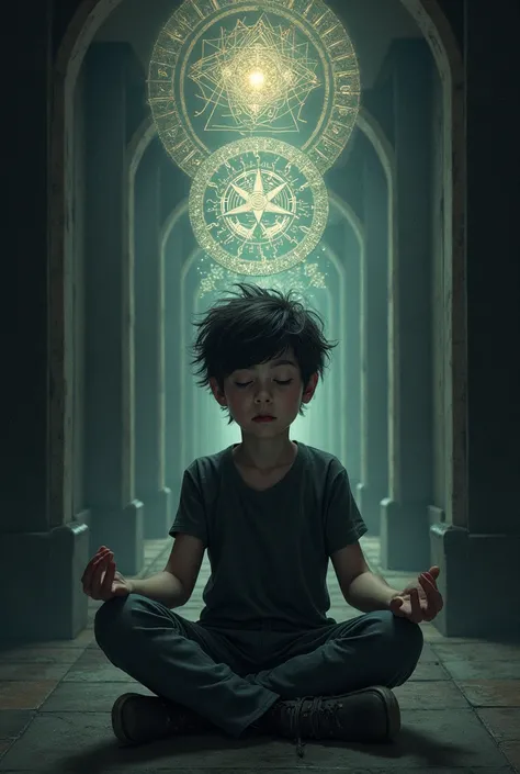  boy with dark hair and fair skin meditating inside a basement with symbols floating around his head 