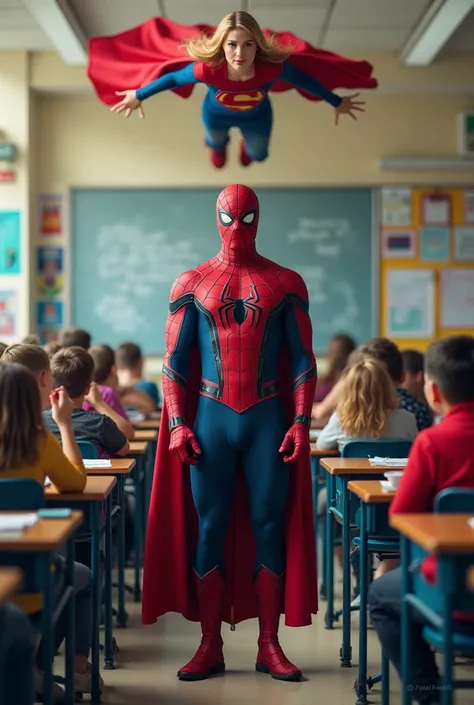 In one class there is Spider-Man or Venom or captain America or Deadpool supergirl. Everyone is sitting on the chair and looking towards the cameras 