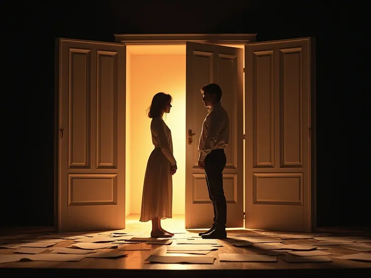 stage design: two live in different worlds. they're one half of one whole. lots of sheets of paper.  loneliness and the fire of love.  the scene should be divided into two parts, that are intertwined, Like a book. there must be doors, like a hopeless situa...