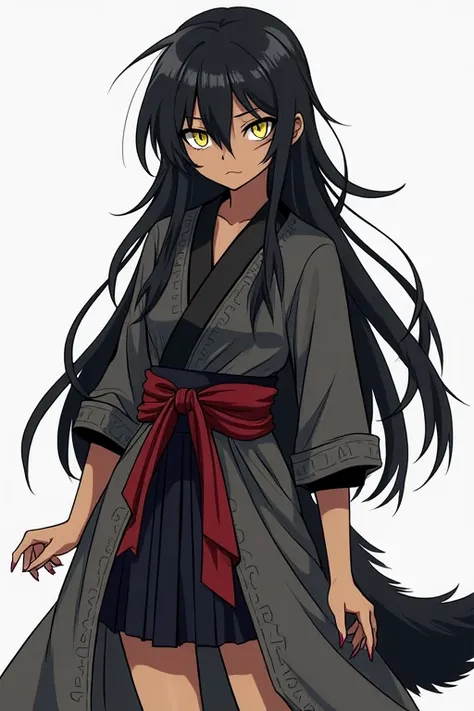 An anime style character with long, straight black hair reaching the middle of her back, messy and wild. She has pale yellow eyes with glowing wolf-like slits in the pupils. Her skin is olive, with faint battle scars on her arms and legs. She wears a modif...